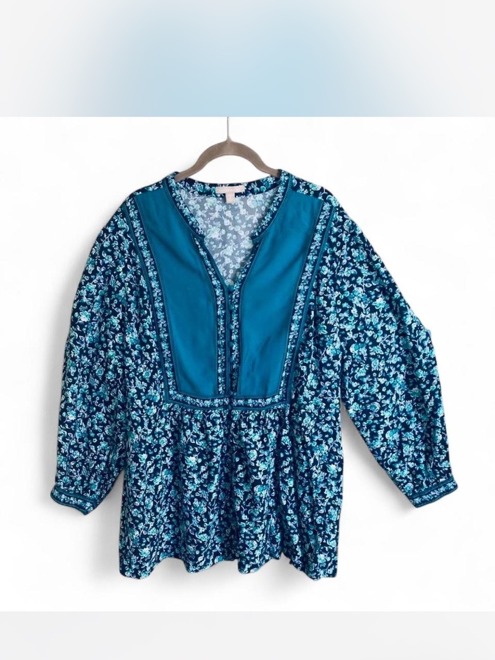 Cottage Prairie Woman Within Teal/Navy Floral Peasant Blouse size 1X (22-24)